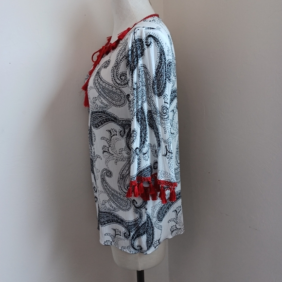 Chicos Top Paisley Print Black White Red Tassels Tunic Blouse Womens Size Small - Picture 7 of 14